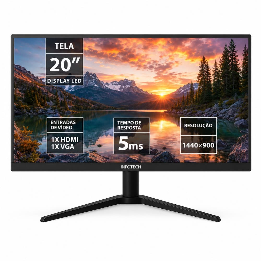 Monitor Enterprise 20" Polegadas, Conexão HDMI e VGA 75Hz Padrão Vesa Design Slim 127/220