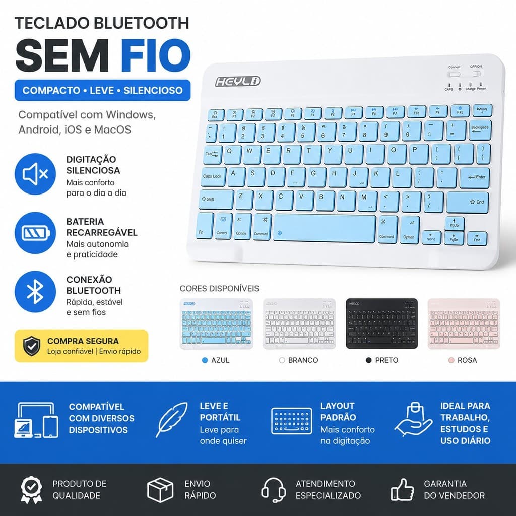 Teclado Bluetooth Sem Fio Portátil Compatível com Celular Tablet Notebook Conexão Rápida