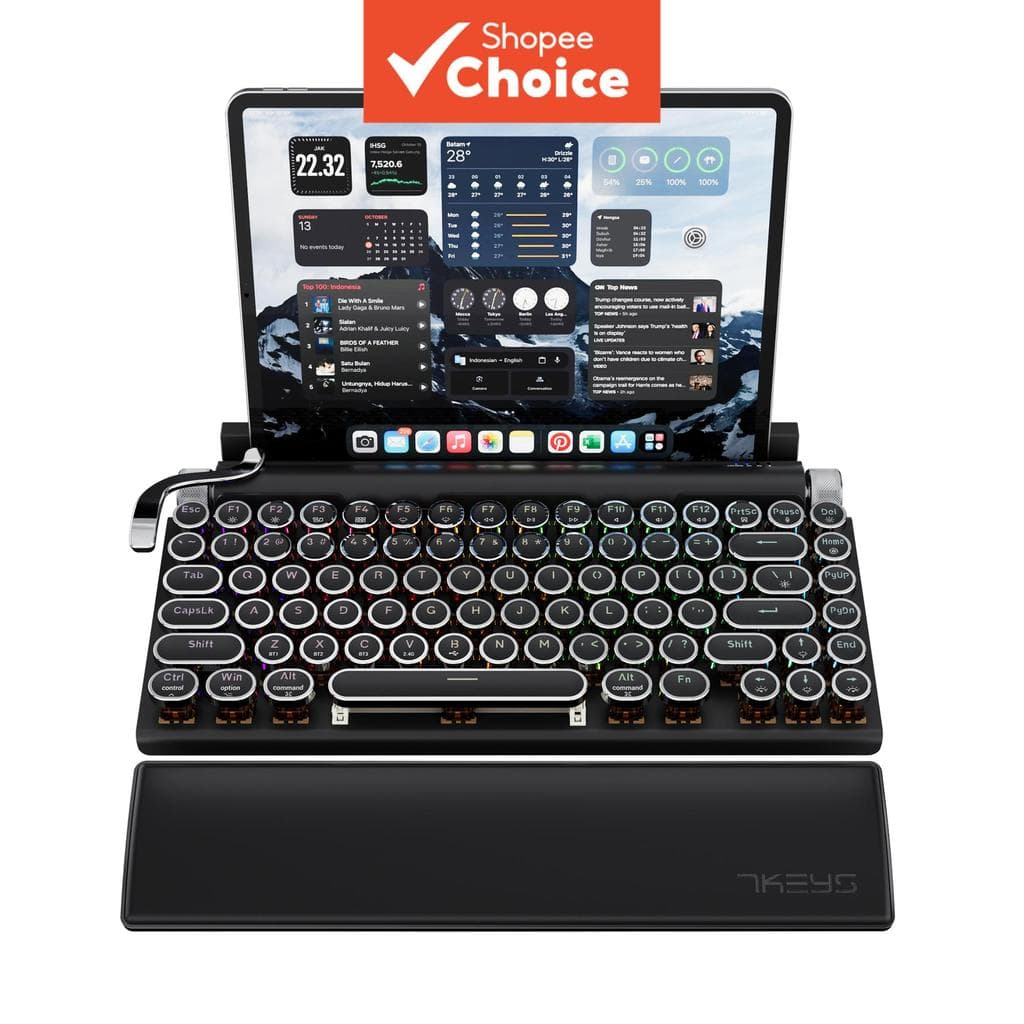 Teclado Mecânico Retro Sem Fio Retro Typewriter 7KEYS TW1867, Teclado Ergonômico Bluetooth, Troca a quente de teclado