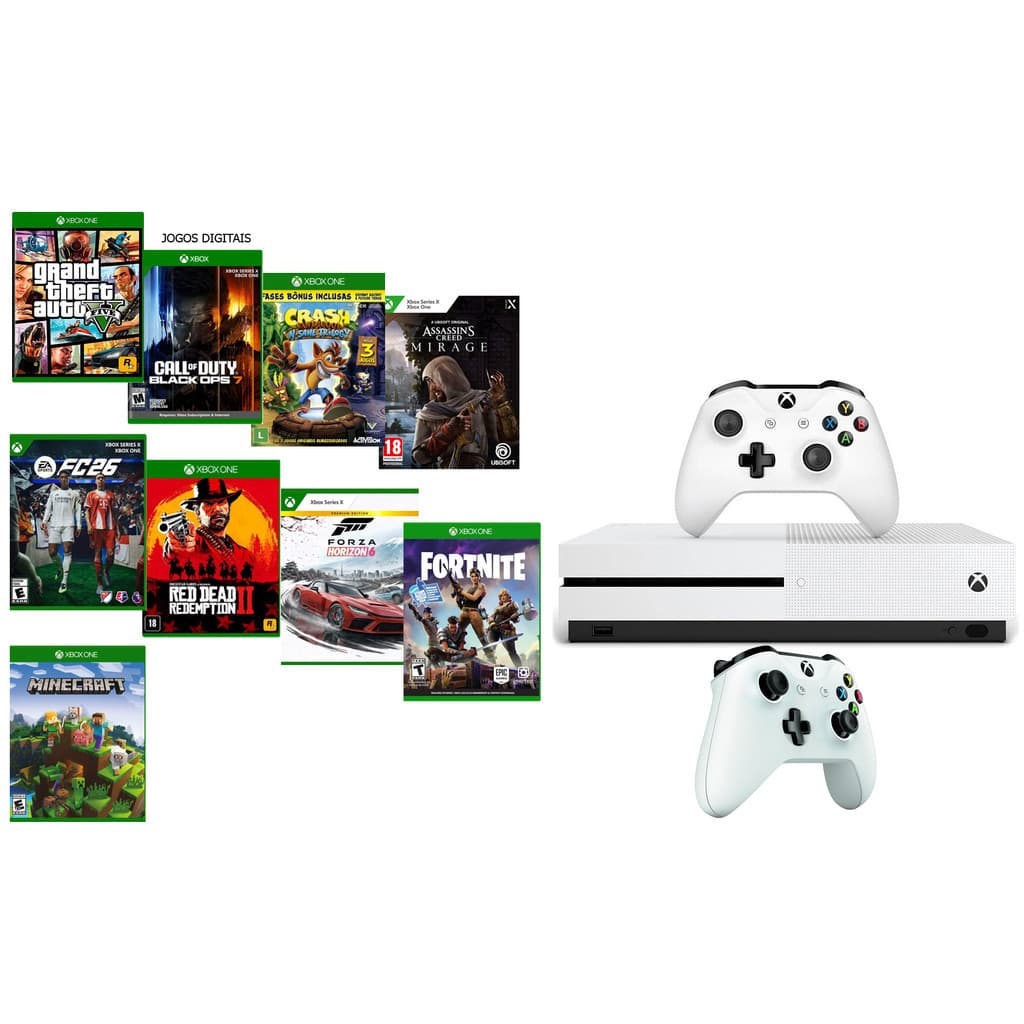 Microsof Xbox One S 1000gb / 500gb 1 ou 2 Controles + Gta 5 + Call of duty 7 + Ea fc 26 + Forza 6 + 100 Jogos