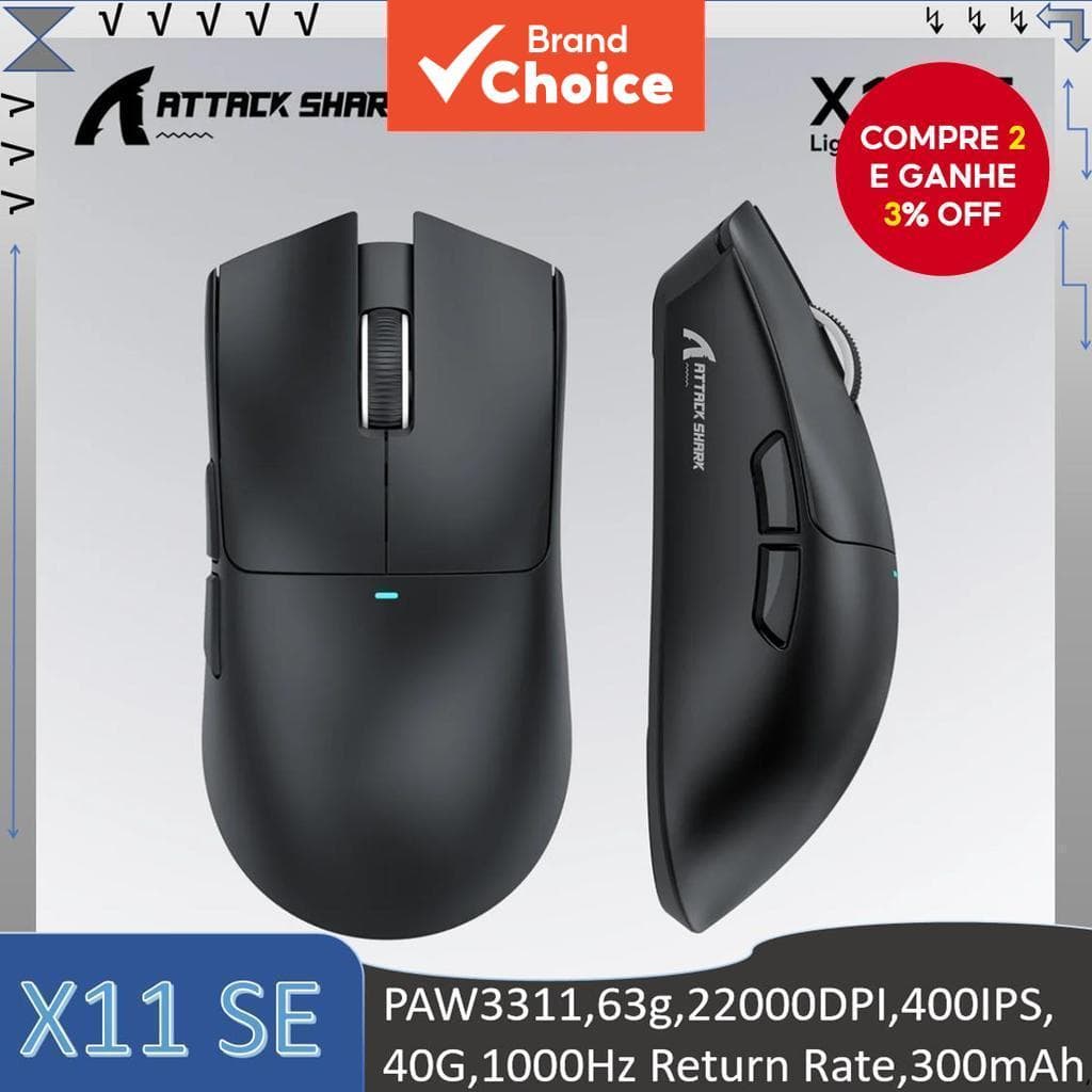  Mouse Gamer Leve com Três Modos ATTACK SHARK X11 SE, Vida Útil de 20 Milhões de Ciclos HUANO, PAW3311, 63g, 22000DPI,