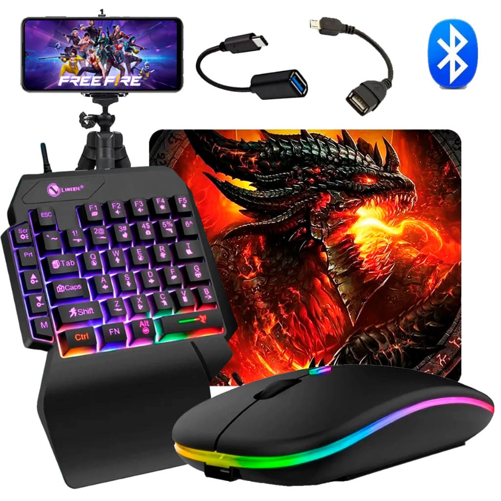 Kit Mobilador Completo Teclado Gamer Mouse Bluetooth 2 Adaptadores Otg Micro e Tipo C