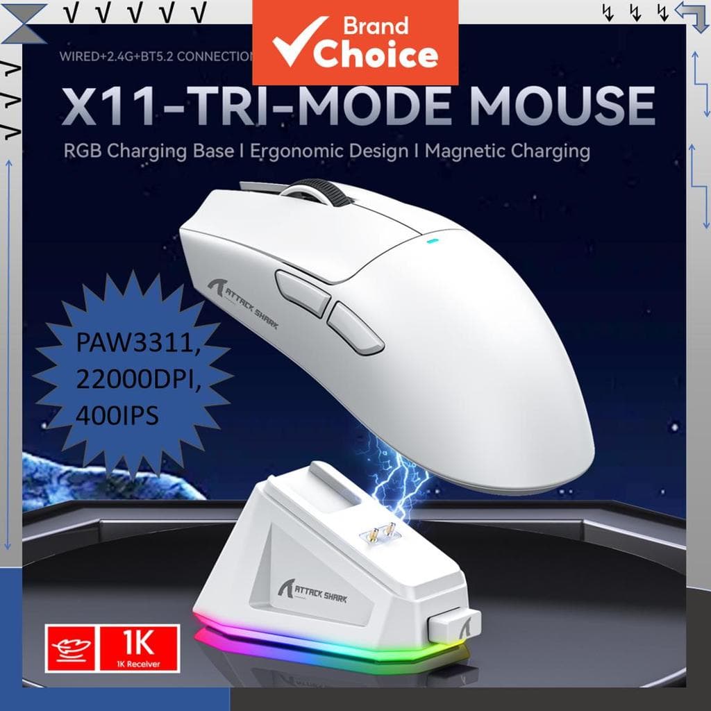 Mouse Gamer Leve ATTACK SHARK X11 de 3 Modos com sensor PAW3311, 22000DPI, 400IPS, 40G, taxa de retorno de 1KHz,