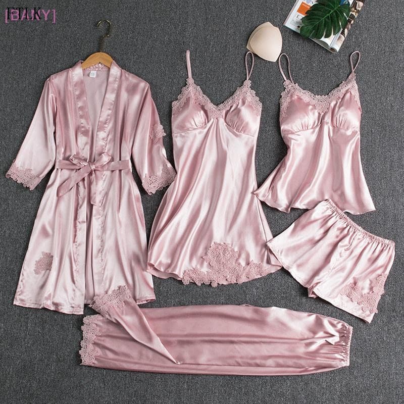 [BANY] Conjunto de Pijamas de Seda para Mulheres com 5 Peças, Vestido de Pijama com Decote em V e Camisola Us