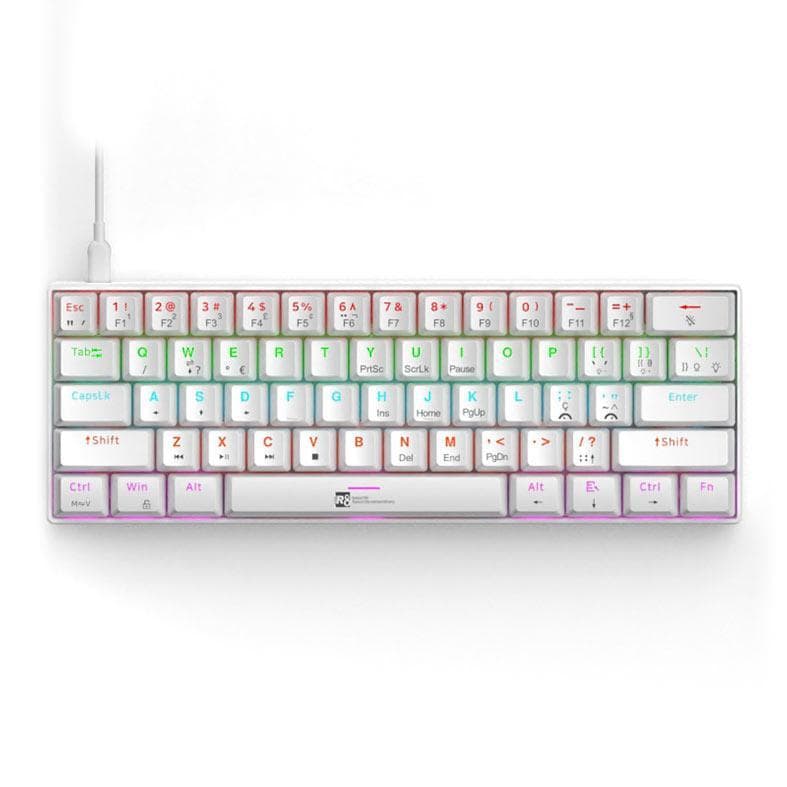 Teclado Mecanico R8 1037, RGB, ABNT2, Switch Azul, Branco, R8-1037WH-RBW-ABNT2