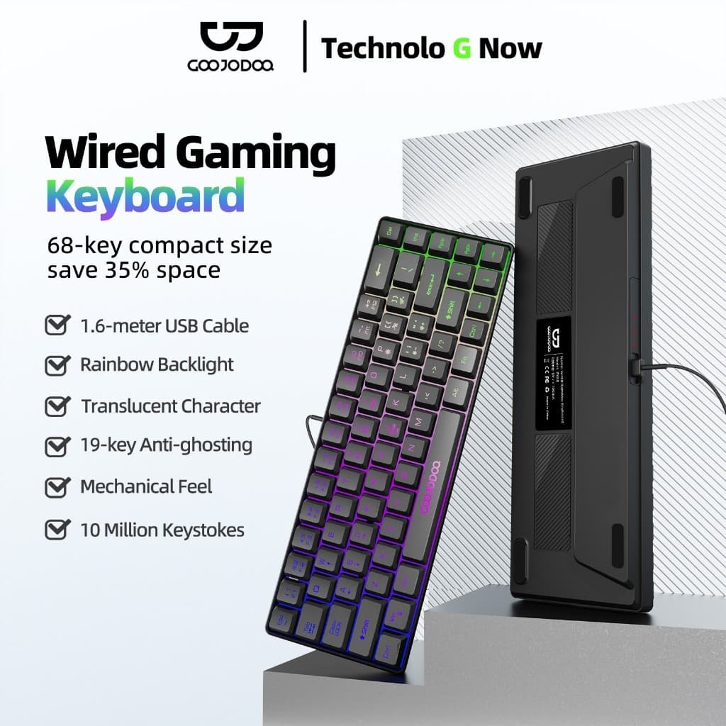 Teclado com fio Goojodoq de 68 teclas com design ergonômico e iluminação RGB compatível com diversos sistemas.
