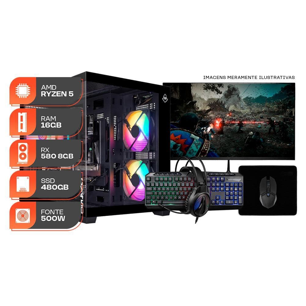 PC Gamer Forge, AMD Ryzen 5 5500, RX 580 8GB, 16GB DDR4, SSD 480GB, Completo com Monitor Curvo 180Hz e Periféricos