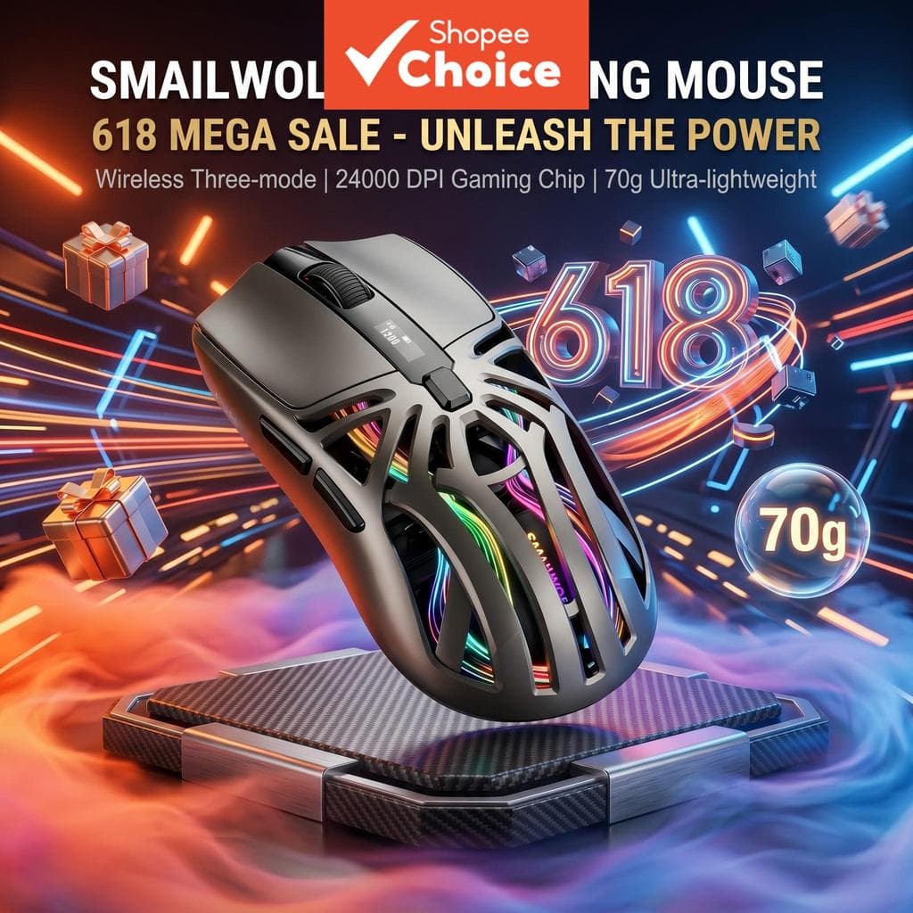 SMAILWOLF RS8 Mouse Gaming Profissional de 6 Teclas com Chip Sensor Gamer Ajustável 1200-24000 DPI, 3 modos: 2.4G,