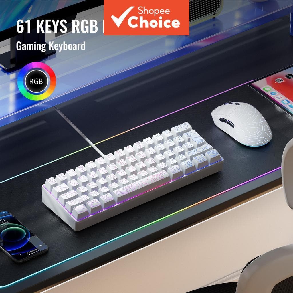  Teclado de Jogos para Laptop RGB 61 teclas retroiluminadas, design compacto com fio, para PC gamer e escritório,