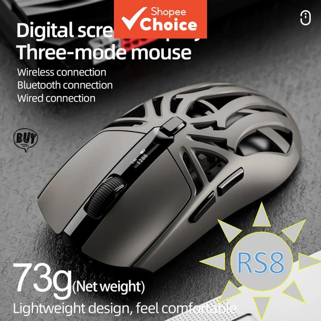 O mouse digital SMAILWOLF RS8 com tela digital apresenta design leve de 73g para maior conforto, troca de modos duplo e