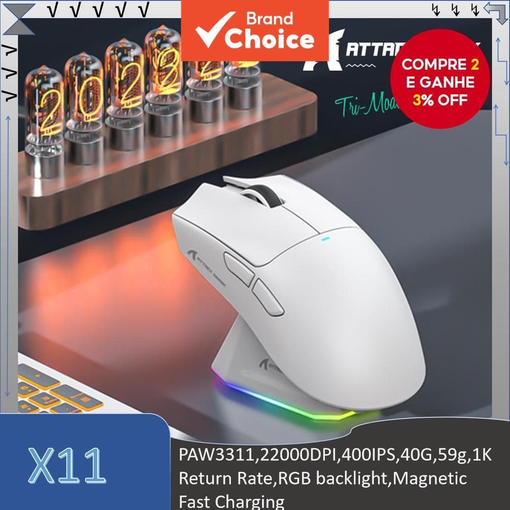  ATTACK SHARK X11 Mouse Gaming Ultraleve de Tripla Conexão, PAW3311, 22000 DPI, 400 IPS, 40 G, 59 g, Taxa de Resposta de