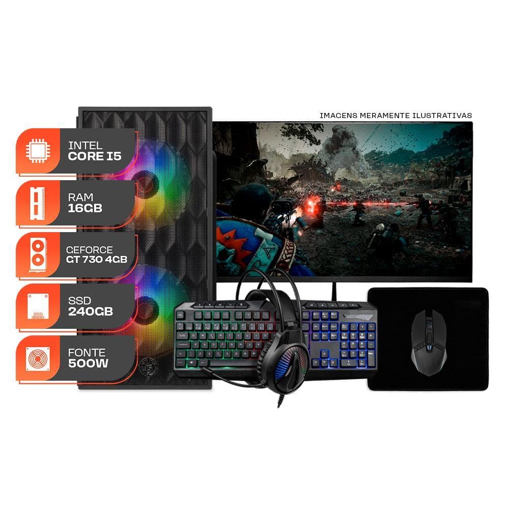PC Gamer Forge, Intel Core Core i5, GT 730 4GB, 16GB DE RAM, SSD 240GB, Completo com Monitor e Periféricos