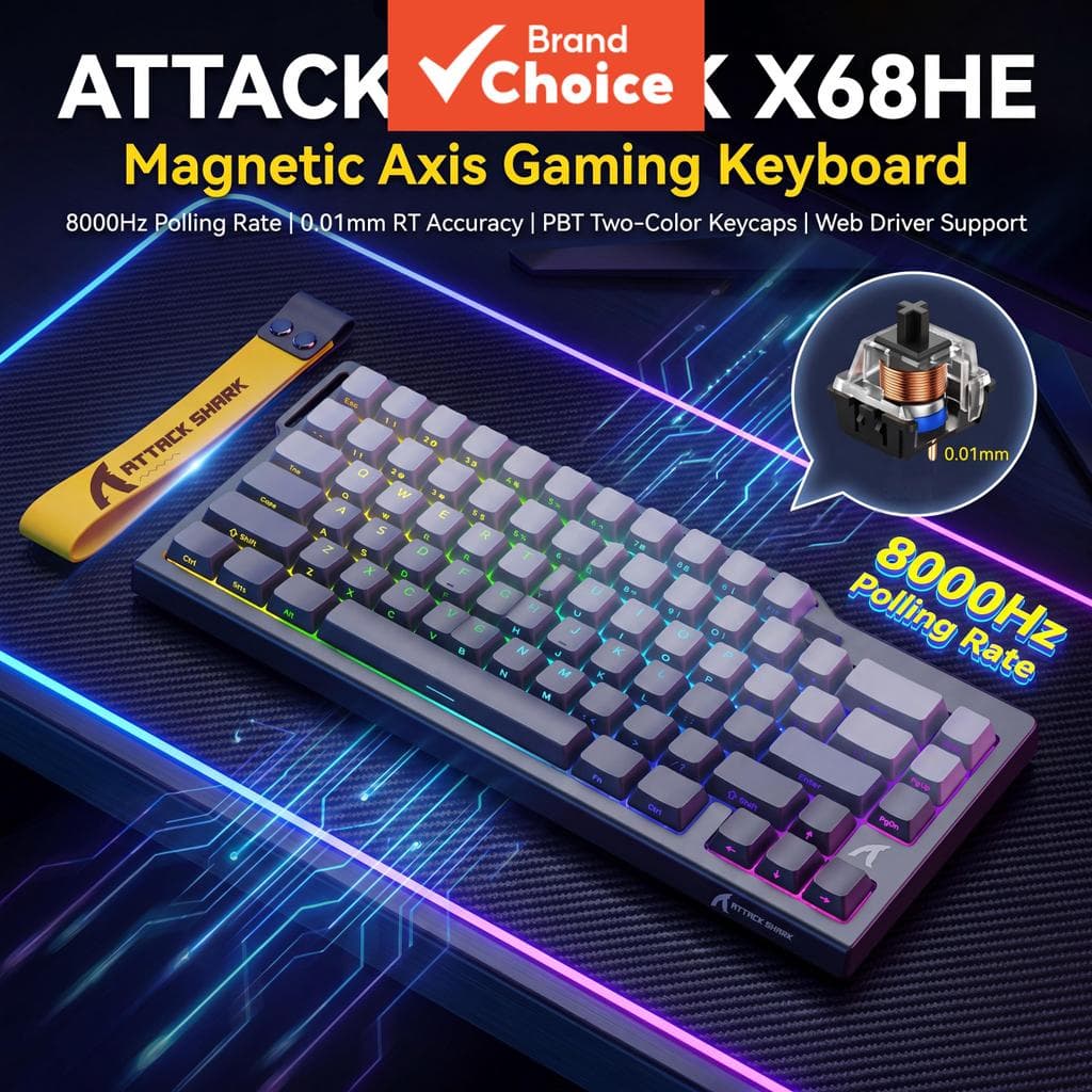 Teclado com Eixo Magnético Attack Shark X68HE, com fio, interruptor magnético Baiyu, taxa de sondagem de 8000 Hz,