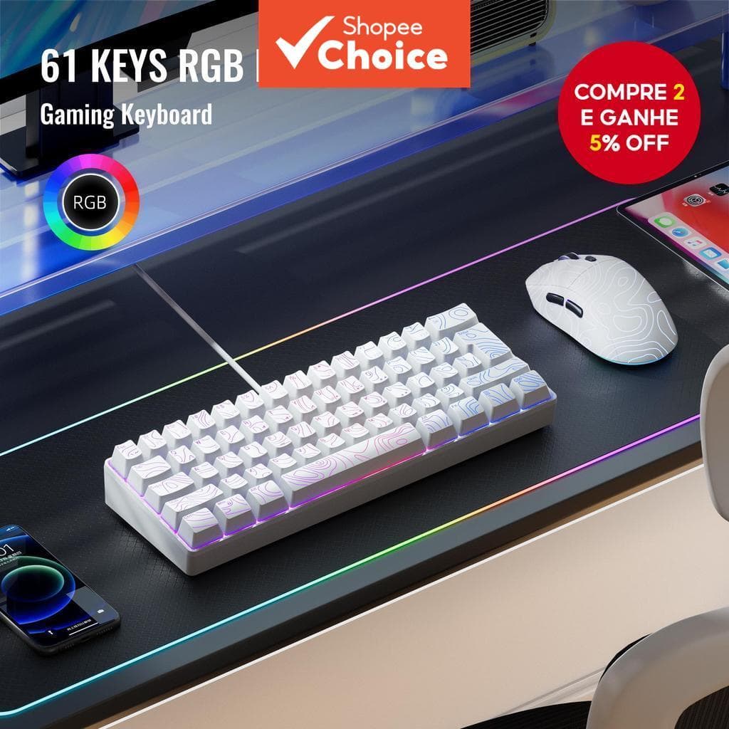  Teclado Mecânico para Jogos 61 Teclas com Retroiluminação RGB Mini com Fio para PC, Laptop, Gamer e Escritório