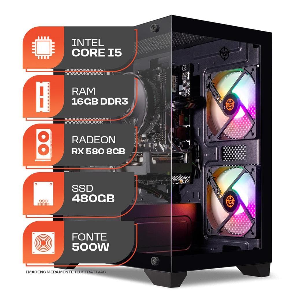 PC Gamer Forge, Intel Core i5, RX 580 8GB, 16GB DE RAM, SSD 480GB, 500W 80 Plus