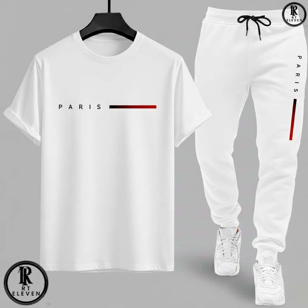 Kit Conjunto Camiseta e Calça moletom Moda masculina camiseta casual Paris Malha Algodão + calça Moletom Com bolso aRT