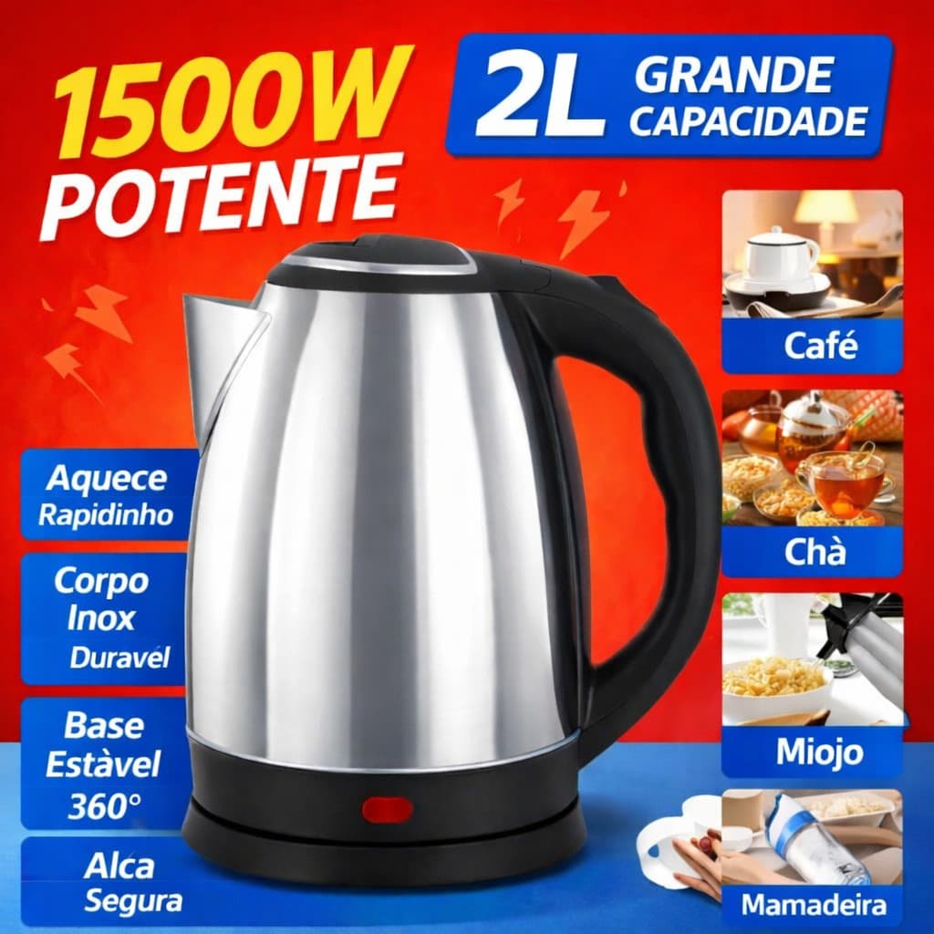 Chaleira Elétrica Inox 2L 1500W para Café Chá e Leite Potente e Segura