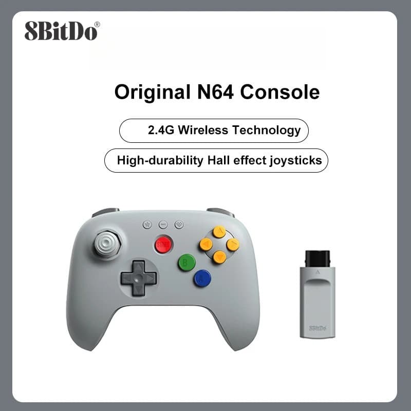 Controlador Sem Fio 8BitDo N64 2.4G Para N64/Analógico 3D/Windows PC , Gamepad Retrô De Baixa Latência (Cinza)