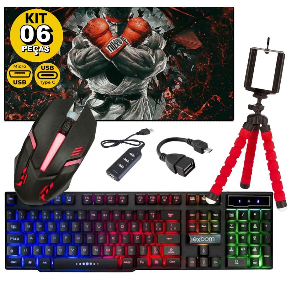 Kit Mobilador Gamer Para Android Com Teclado Mouse Tripé e Adaptador C ou V8 Free Fire