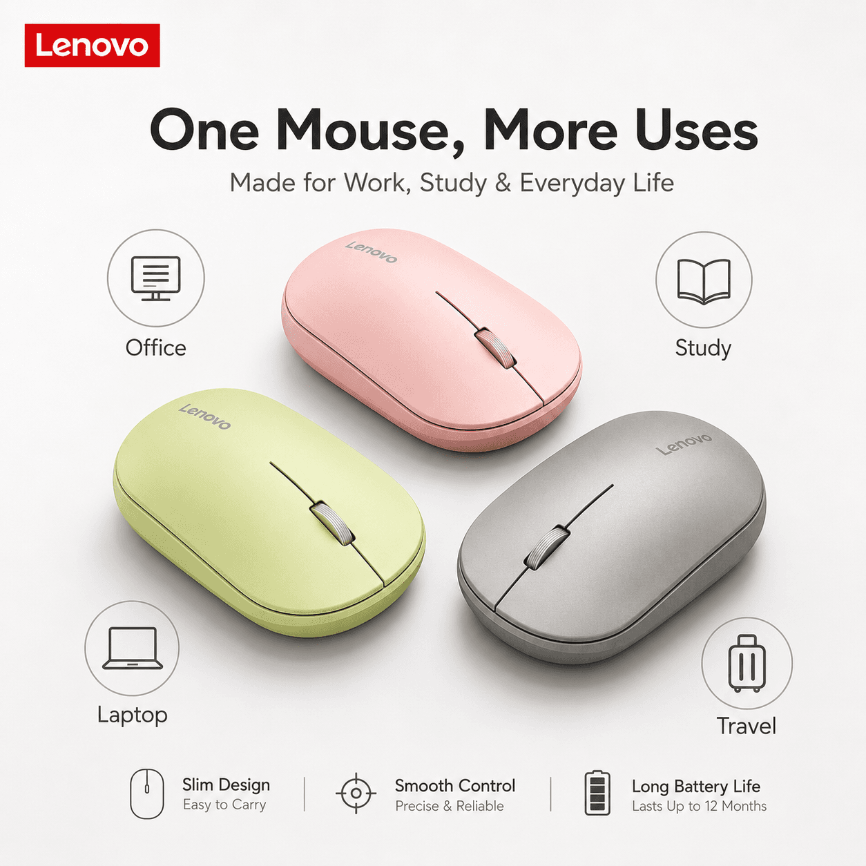 Mouse Silencioso Sem Fio Lenovo 2.4G, Ajuste de 800/1200/1600 DPI, Mouse de Computador Portátil Fino para
