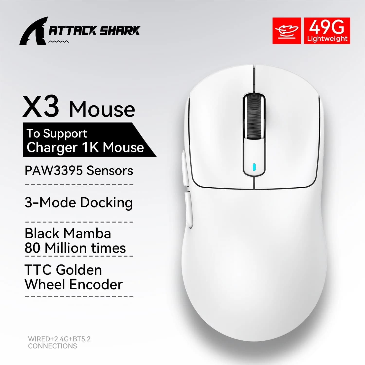Mouse de Jogos Sem Fio Attack Shark X3 26K DPI PAW3395 Sensor Tri-Modo Taxa de Polling Ultra-Leve Botões Programáveis